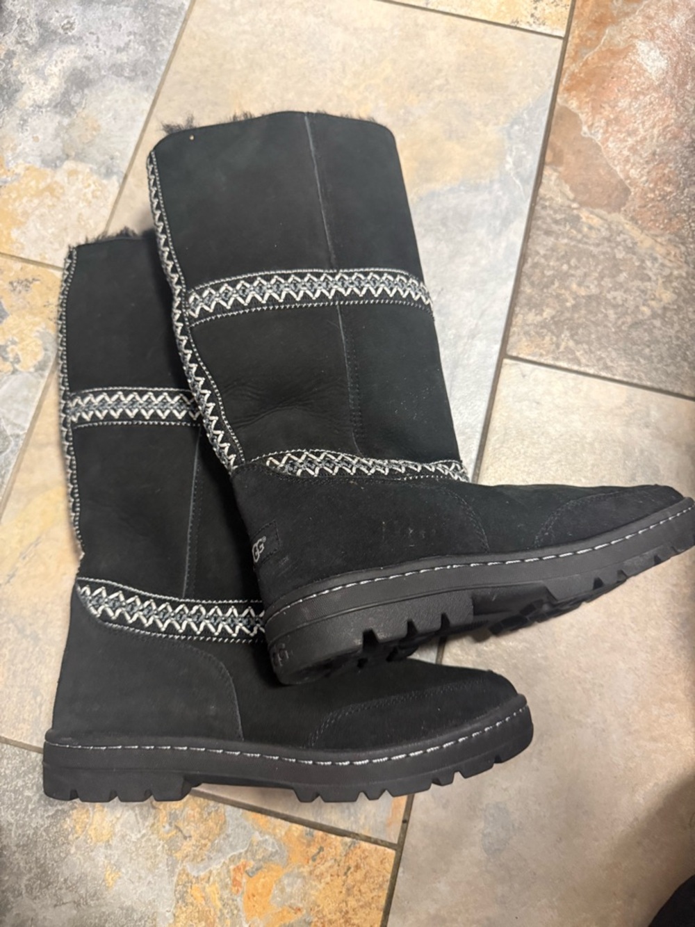 UGG Australia Black Suede Tall Winter Boots with Contrast Stitching